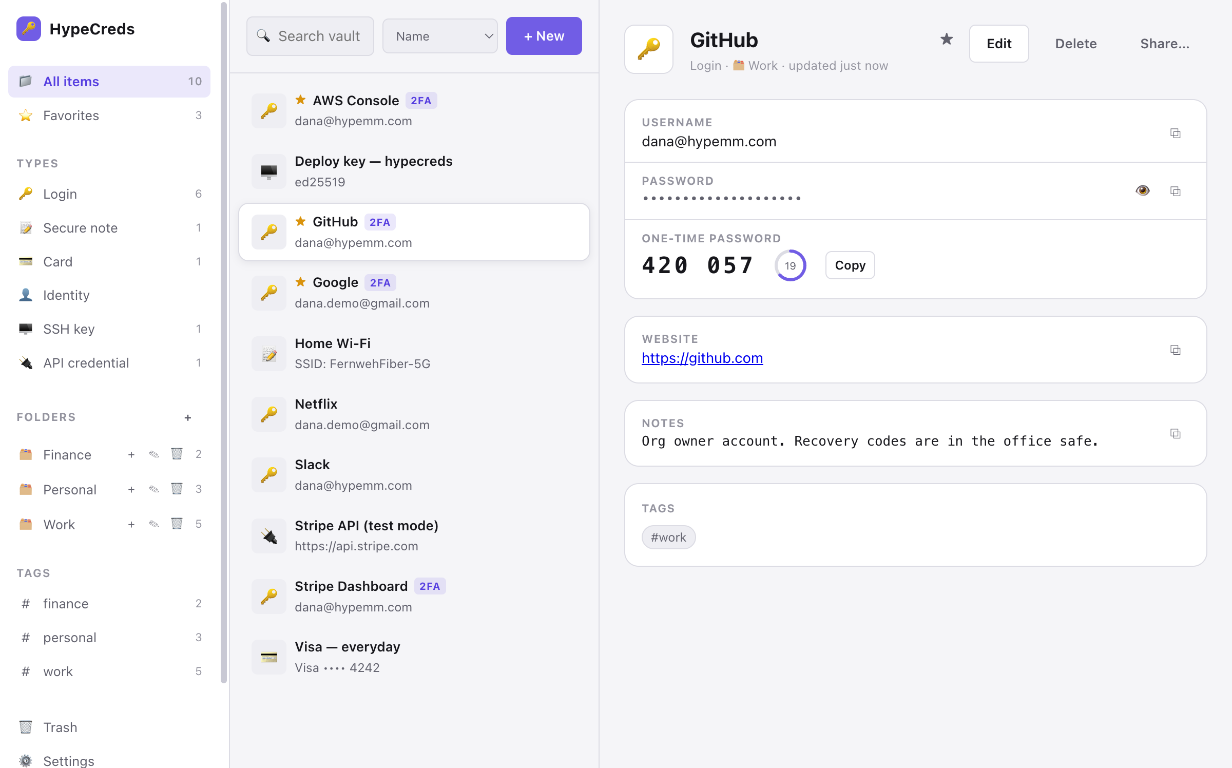 HypeCreds desktop app showing a vault with folders, tags, and a GitHub login open in the detail pane with username, hidden password, a live one-time password code, website, and notes.